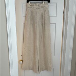 STAUD Wide-Leg Belted Linen Pants in Beige
